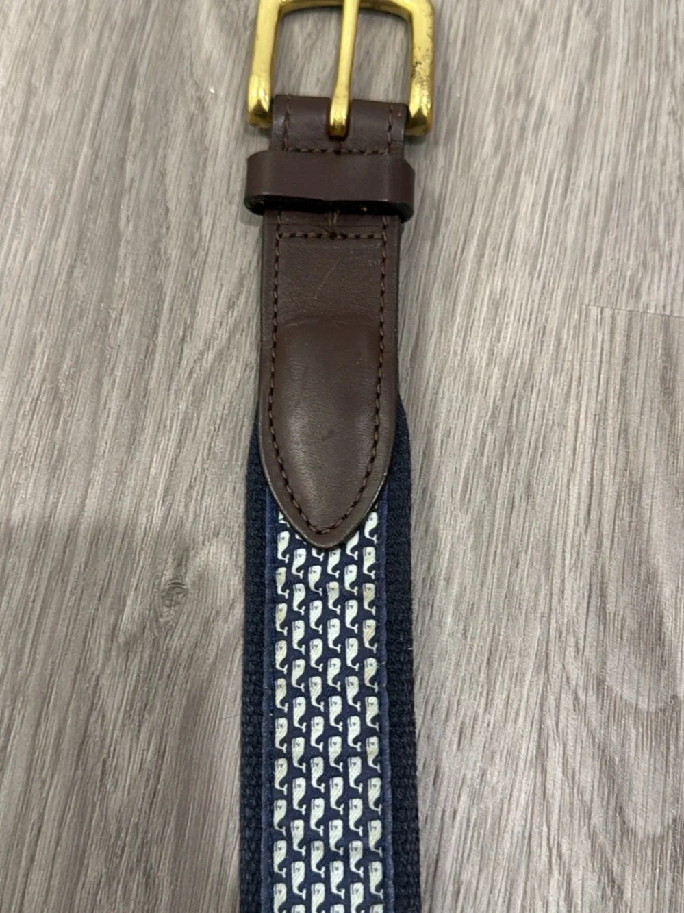 Vineyard Vines Navy Woven Belt with Brown Leather & Gold Buckle